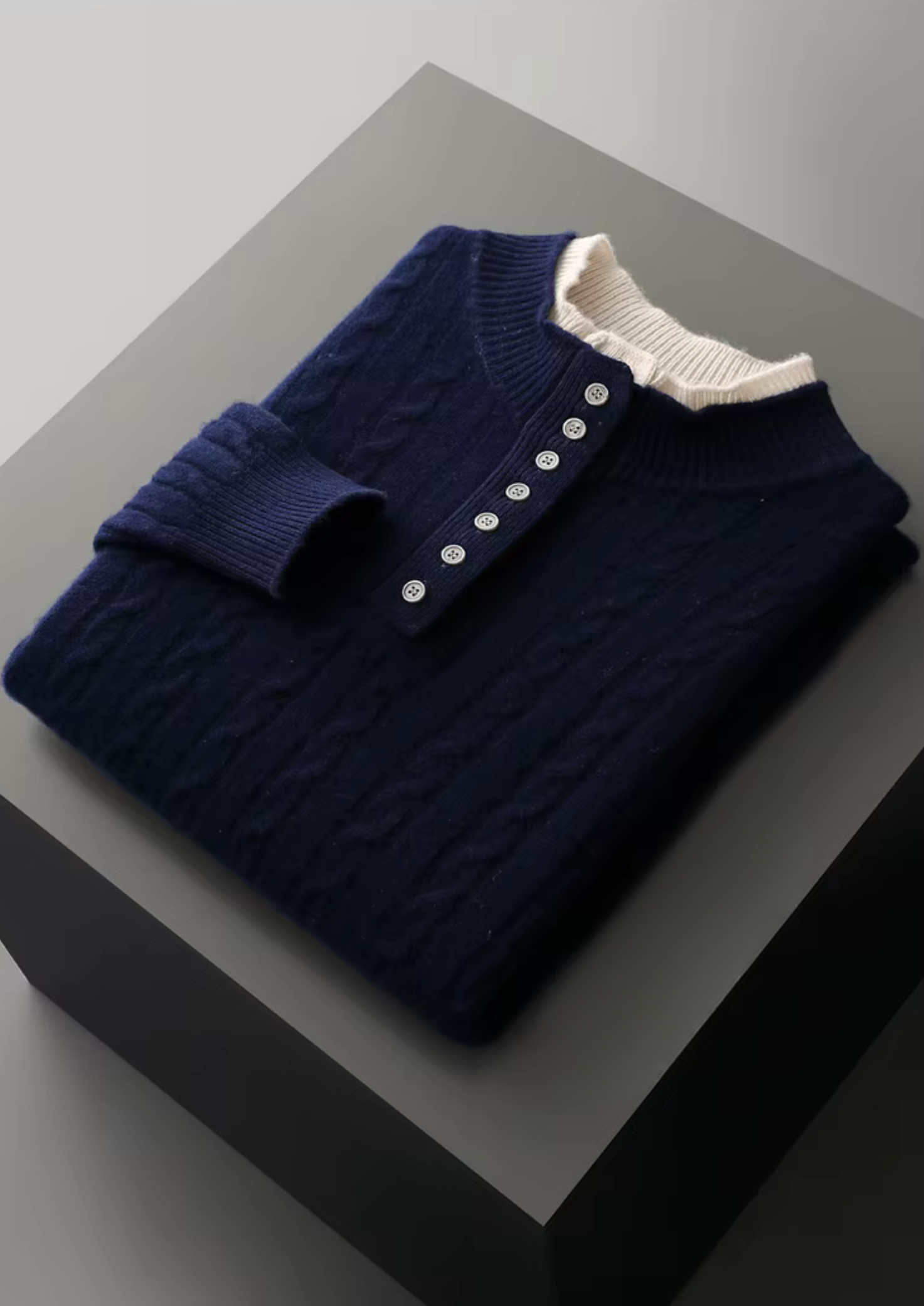 PURE EXTRA-FINE MERINO WOOL CABLE KNIT HENLEY SWEATER