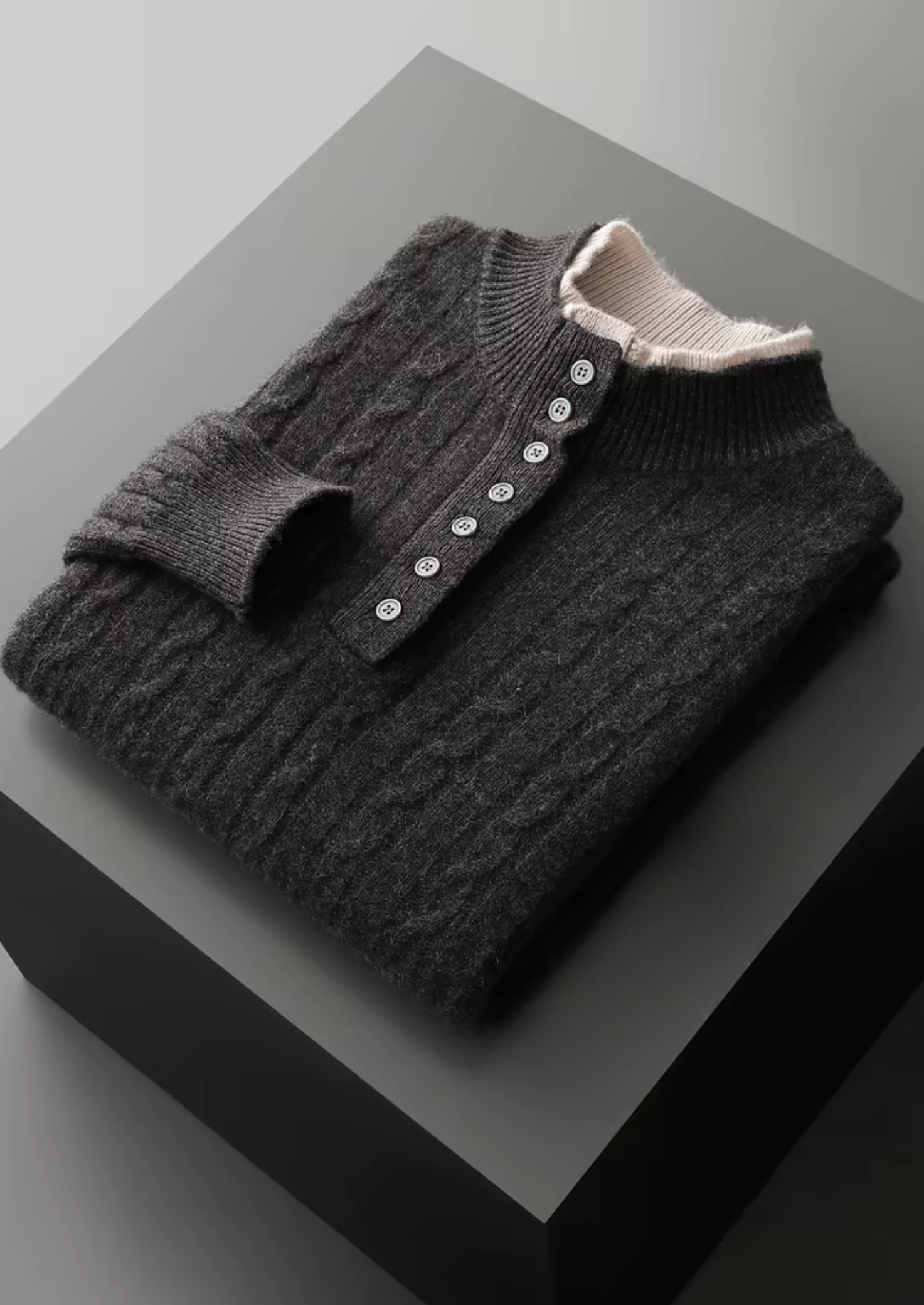 PURE EXTRA-FINE MERINO WOOL CABLE KNIT HENLEY SWEATER