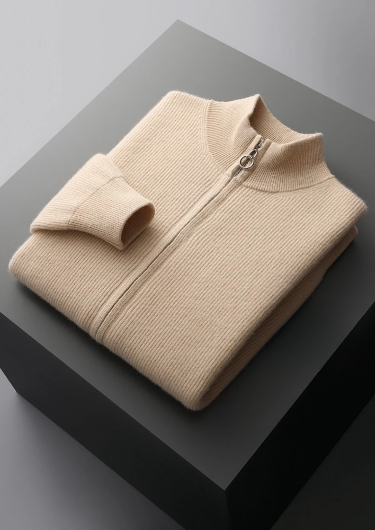 PURE EXTRA-FINE MERINO WOOL RIBBED ZIP CARDIGAN